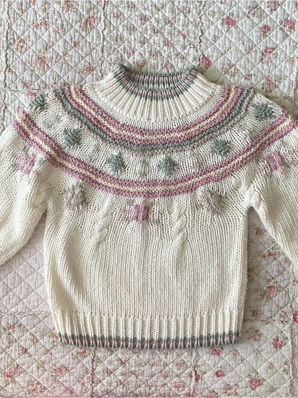 Cozy Cream Cowl-Neck Sweater with Pink & Mint Accents